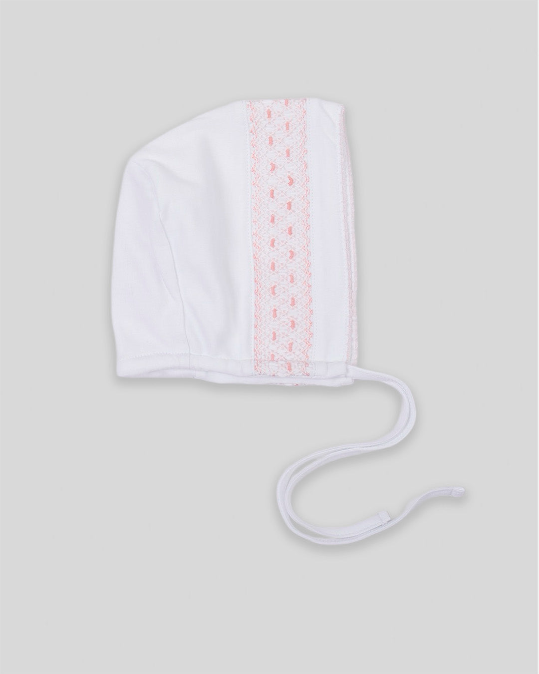 Hand Smocked Interlock Pima Cotton Baby Girl Bonnet Daphne - White/Pink