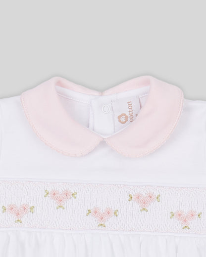 Footie Zuz Baby Girl Pima Cotton Hand Smocked - White/Pink