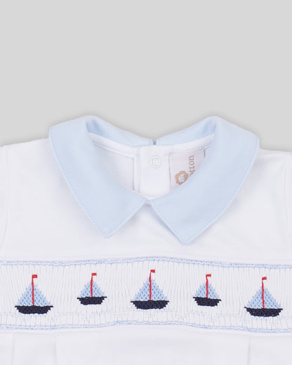 Footie Sailboat Baby Boy Pima Cotton Hand Smocked - White/Navy