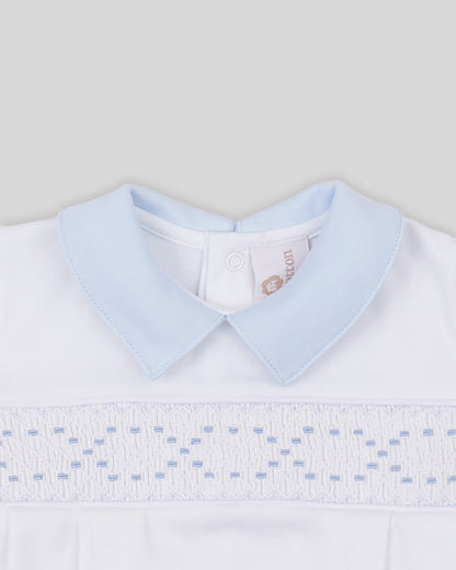 Footie Joy Baby Boy Pima Cotton Hand Smocked - White/Blue