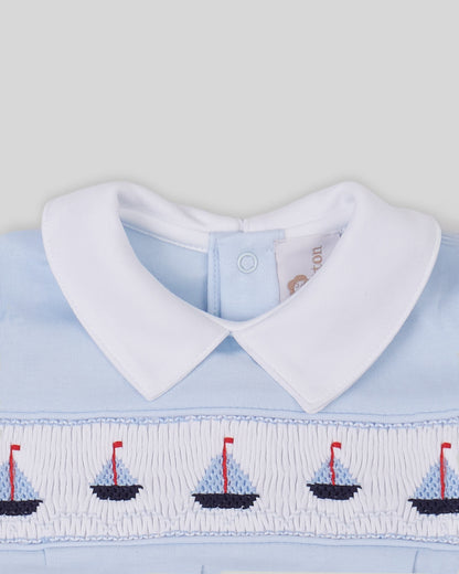 Bubble Sailboat Baby Boy Pima Cotton Hand Smocked - Blue/Navy