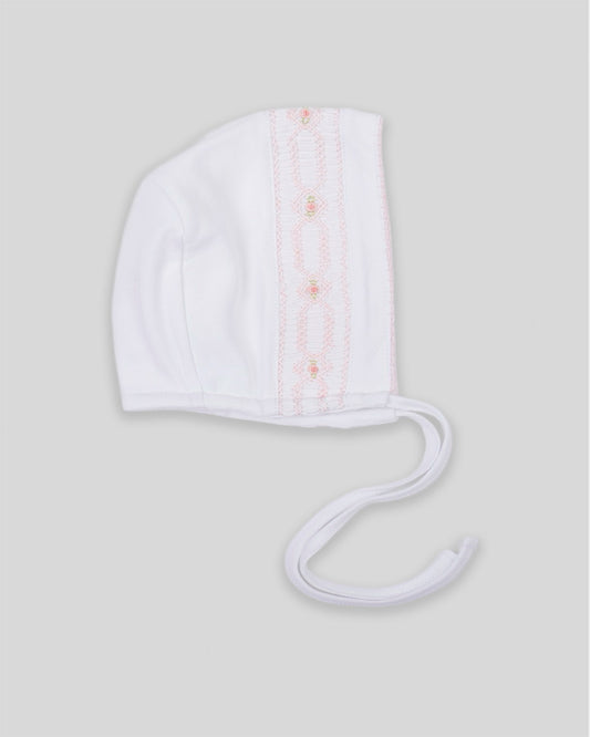 Hand Smocked Baby Girl Bonnet Emmy Pima Cotton - White/Pink