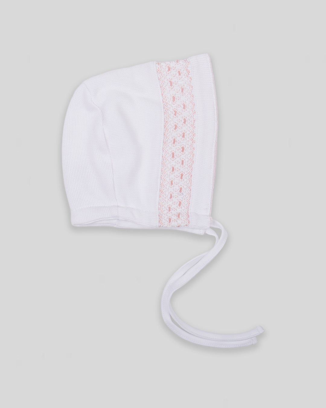 Hand Smocked Special Knit Pima Cotton Baby Girl Bonnet Daphne  - White/Pink