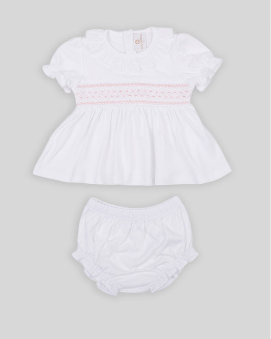 Mini Dress Set Daphne Baby Girl Pima Cotton Hand Smocked - White/Pink